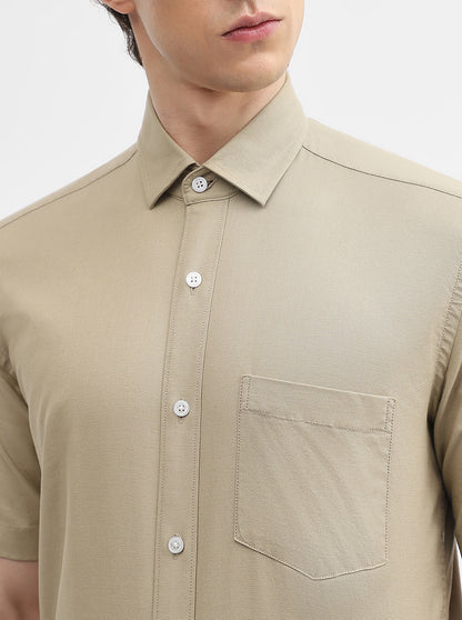 Khaki Solid Tailored Fit Semi Casual Shirt | JadeBlue