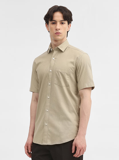 Khaki Solid Tailored Fit Semi Casual Shirt | JadeBlue