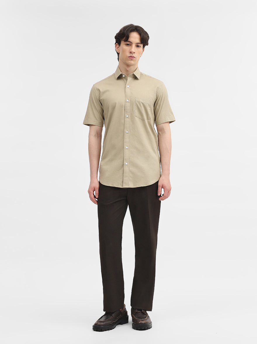 Khaki Solid Tailored Fit Semi Casual Shirt | JadeBlue
