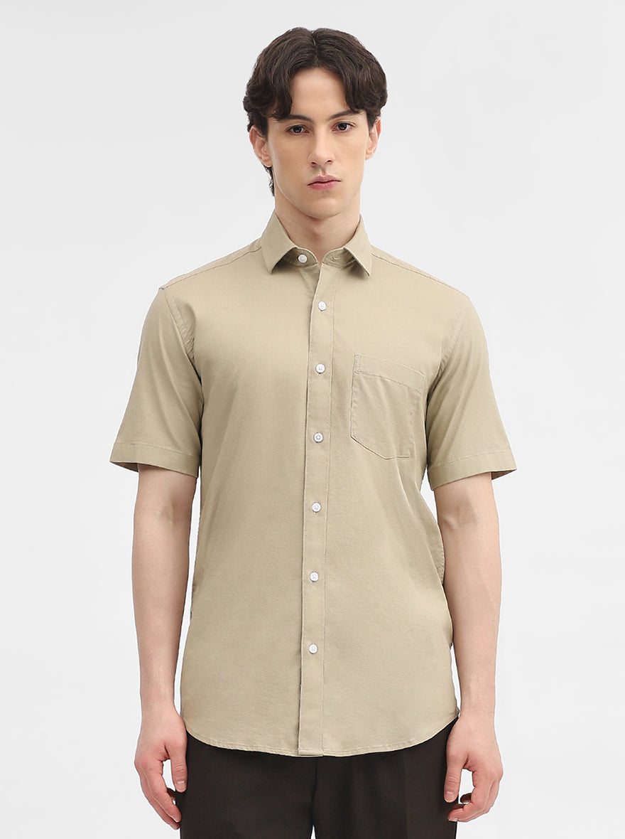 Khaki Solid Tailored Fit Semi Casual Shirt | JadeBlue