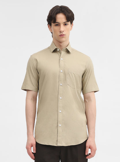 Khaki Solid Tailored Fit Semi Casual Shirt | JadeBlue
