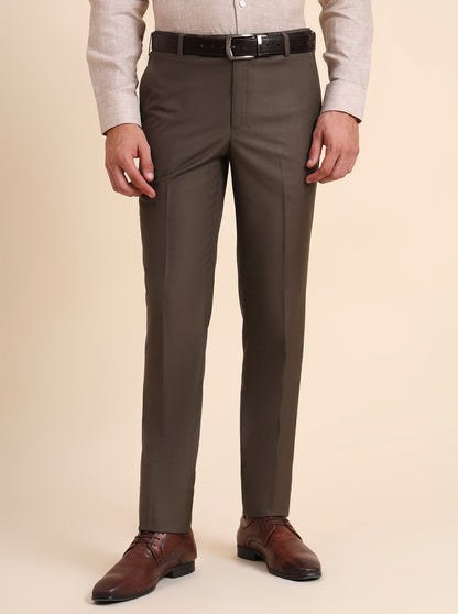 Khaki Solid Slim Fit Formal Trouser | Metal