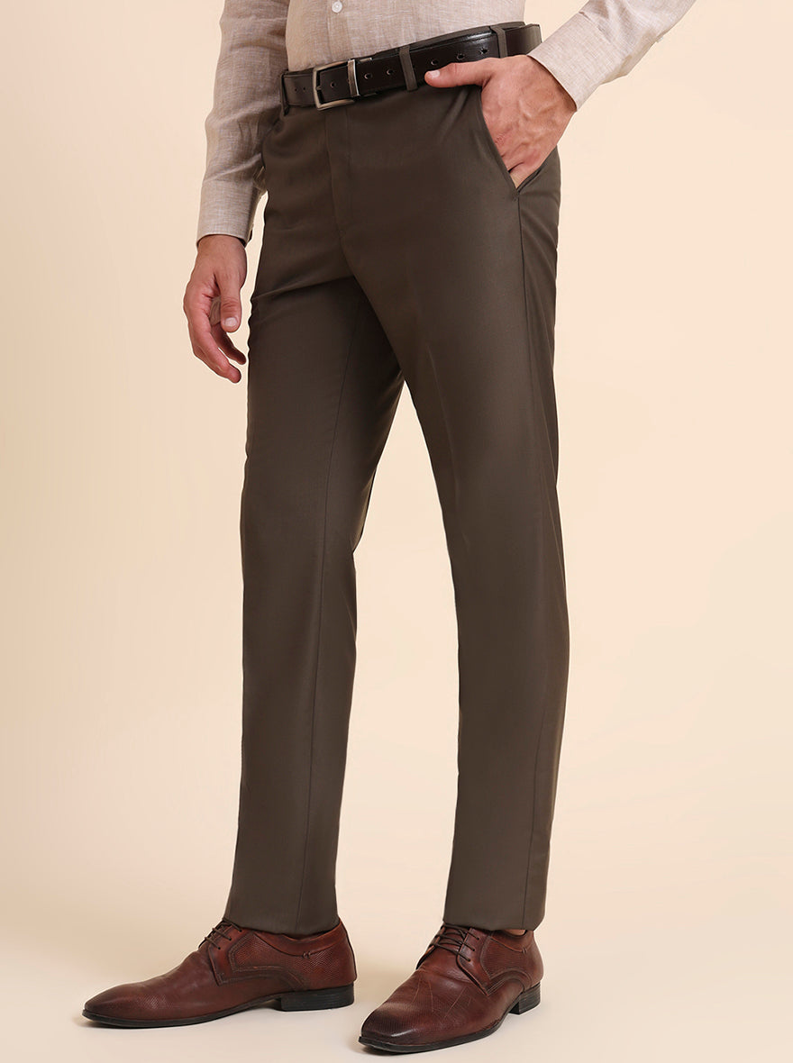 Khaki Solid Slim Fit Formal Trouser | Metal