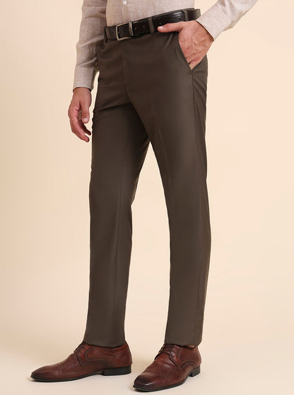 Khaki Solid Slim Fit Formal Trouser | Metal