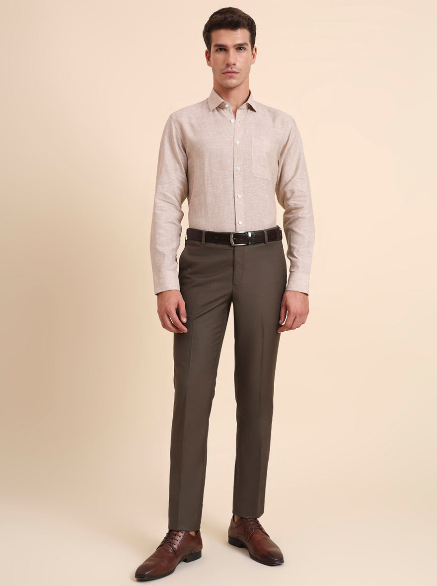 Khaki Solid Slim Fit Formal Trouser | Metal