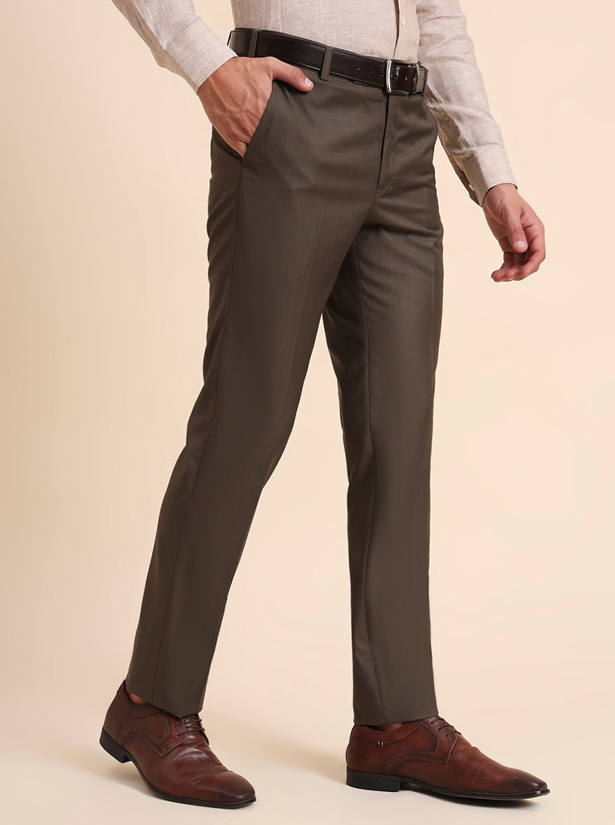 Khaki Solid Slim Fit Formal Trouser | Metal