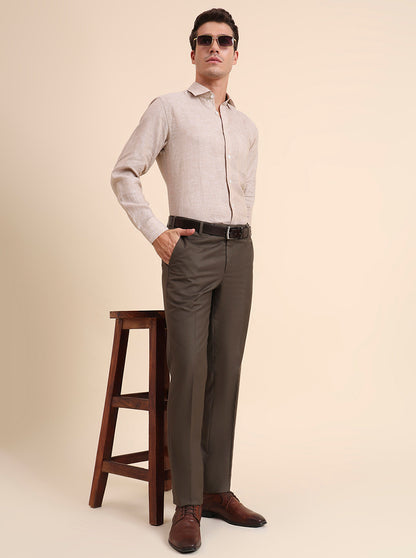 Khaki Solid Slim Fit Formal Trouser | Metal