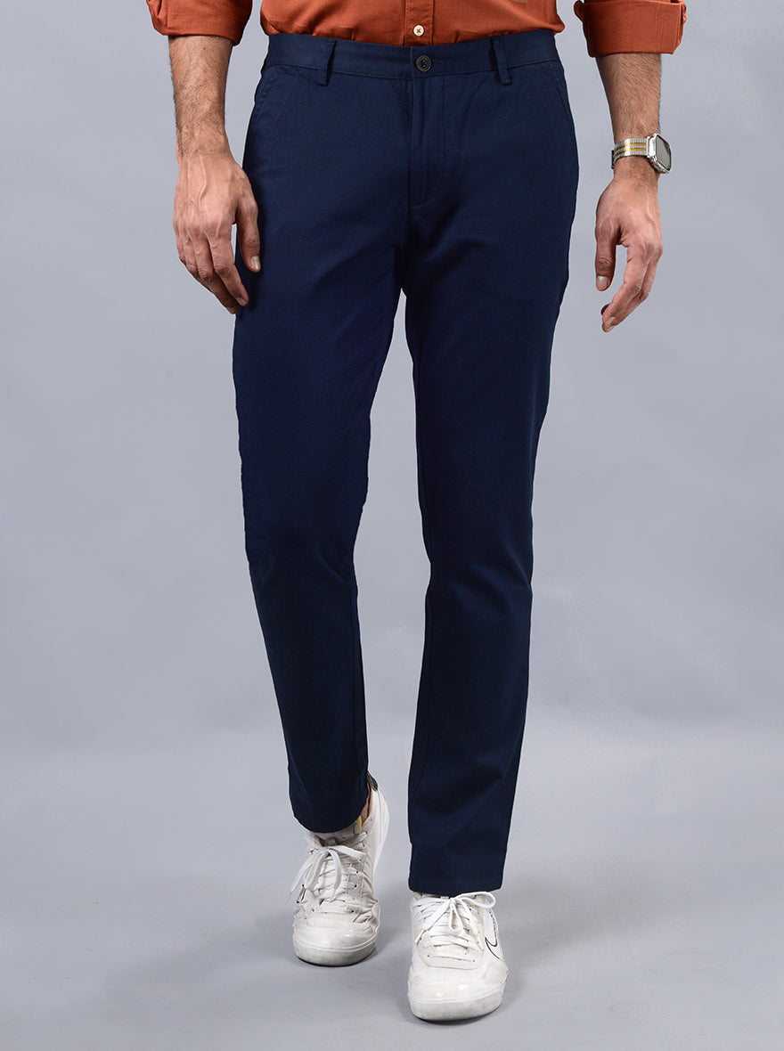 Navy Blue Solid Uno Fit Casual Trouser | JadeBlue