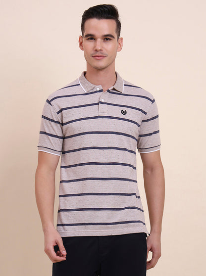 Beige & Navy Blue Striped Slim Fit Polo T-Shirt | Greenfibre