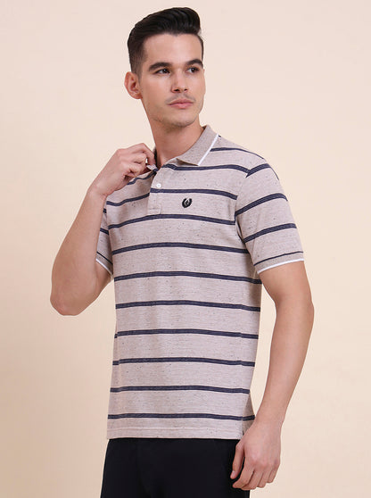 Beige & Navy Blue Striped Slim Fit Polo T-Shirt | Greenfibre