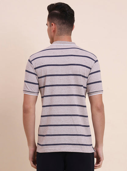 Beige & Navy Blue Striped Slim Fit Polo T-Shirt | Greenfibre