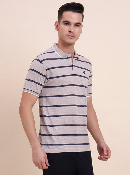 Beige & Navy Blue Striped Slim Fit Polo T-Shirt | Greenfibre
