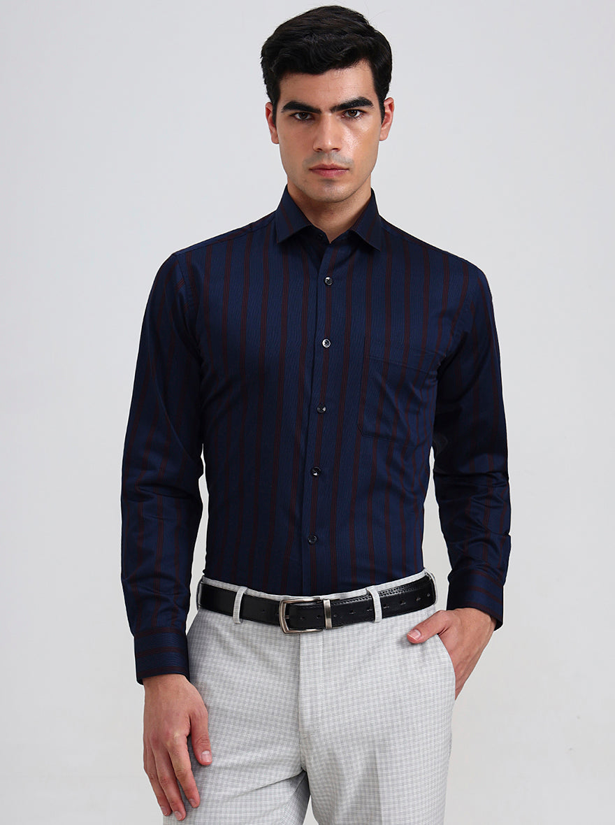 Blue & Maroon Striped Slim Fit Formal Shirt | Metal