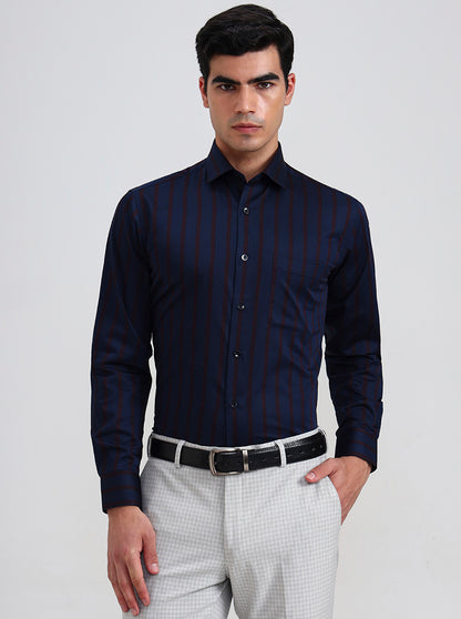 Blue & Maroon Striped Slim Fit Formal Shirt | Metal