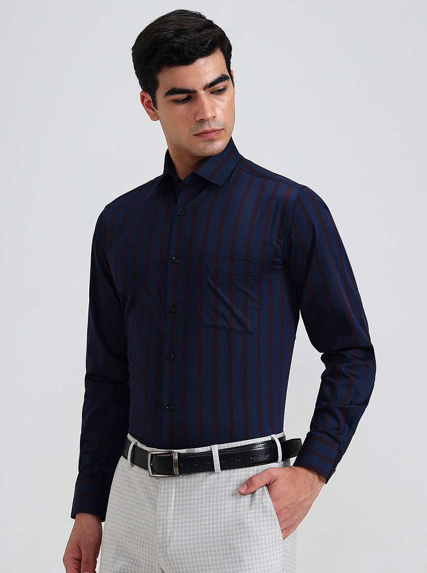 Blue & Maroon Striped Slim Fit Formal Shirt | Metal