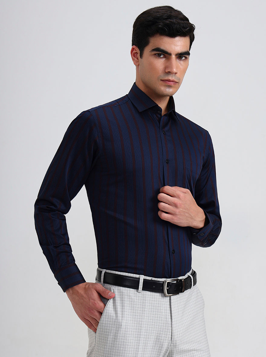 Blue & Maroon Striped Slim Fit Formal Shirt | Metal