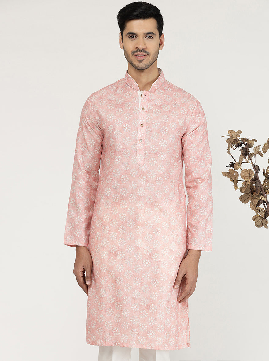 Tint Peach Printed Cotton Silk Blend Kurta | The Kurta Company
