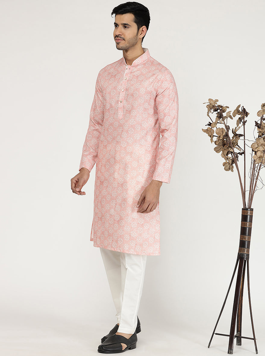 Tint Peach Printed Cotton Silk Blend Kurta | The Kurta Company