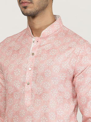 Tint Peach Printed Cotton Silk Blend Kurta | The Kurta Company