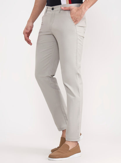 Light Grey Solid Slim Fit Casual Trouser | Greenfibre