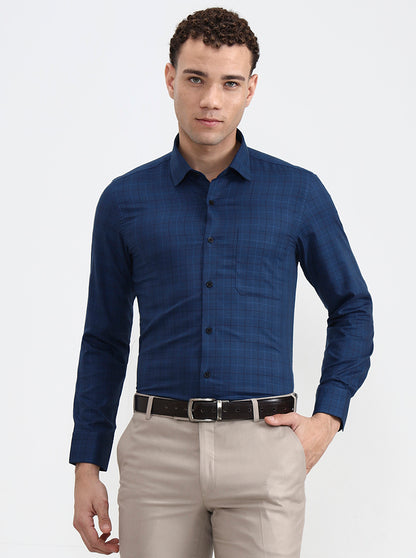 Navy Blue Checked Slim Fit Formal Shirt | JadeBlue Youth