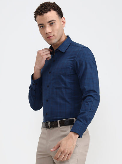 Navy Blue Checked Slim Fit Formal Shirt | JadeBlue Youth
