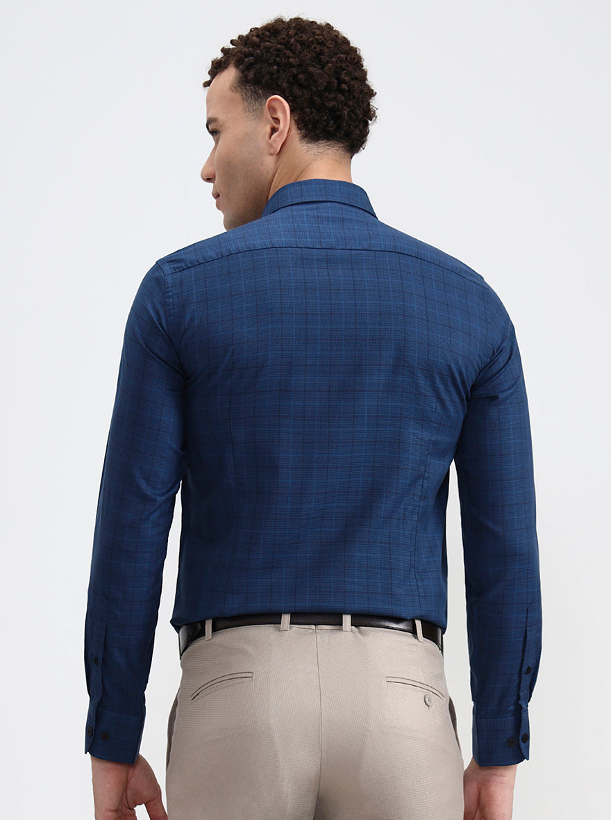 Navy Blue Checked Slim Fit Formal Shirt | JadeBlue Youth