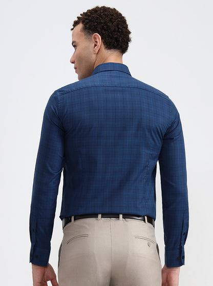 Navy Blue Checked Slim Fit Formal Shirt | JadeBlue Youth