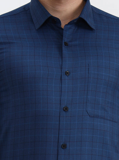 Navy Blue Checked Slim Fit Formal Shirt | JadeBlue Youth