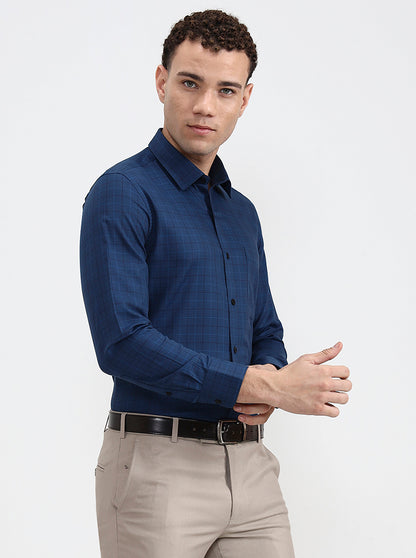 Navy Blue Checked Slim Fit Formal Shirt | JadeBlue Youth