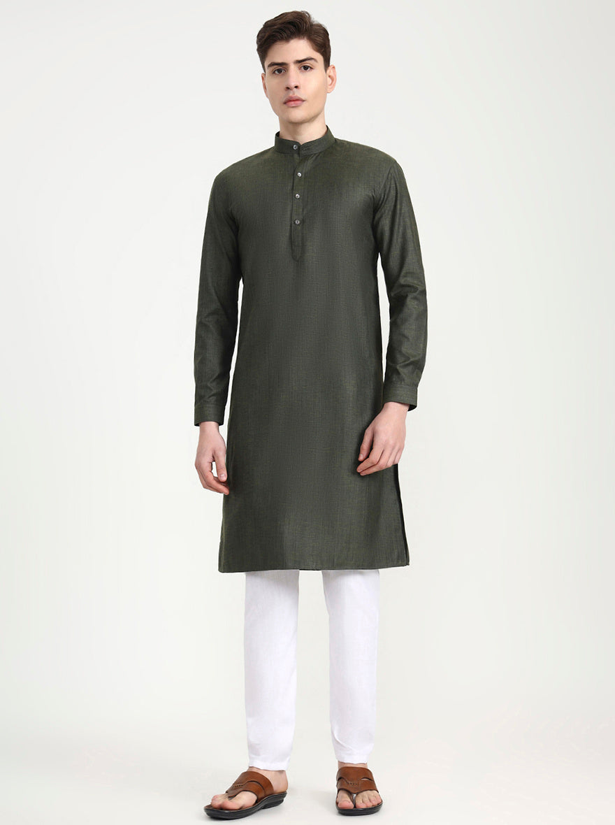 Olive Green Solid Modi Kurta | JadeBlue