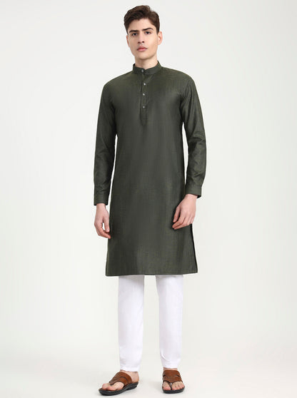 Olive Green Solid Modi Kurta | JadeBlue