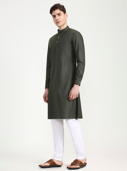 Olive Green Solid Modi Kurta | JadeBlue
