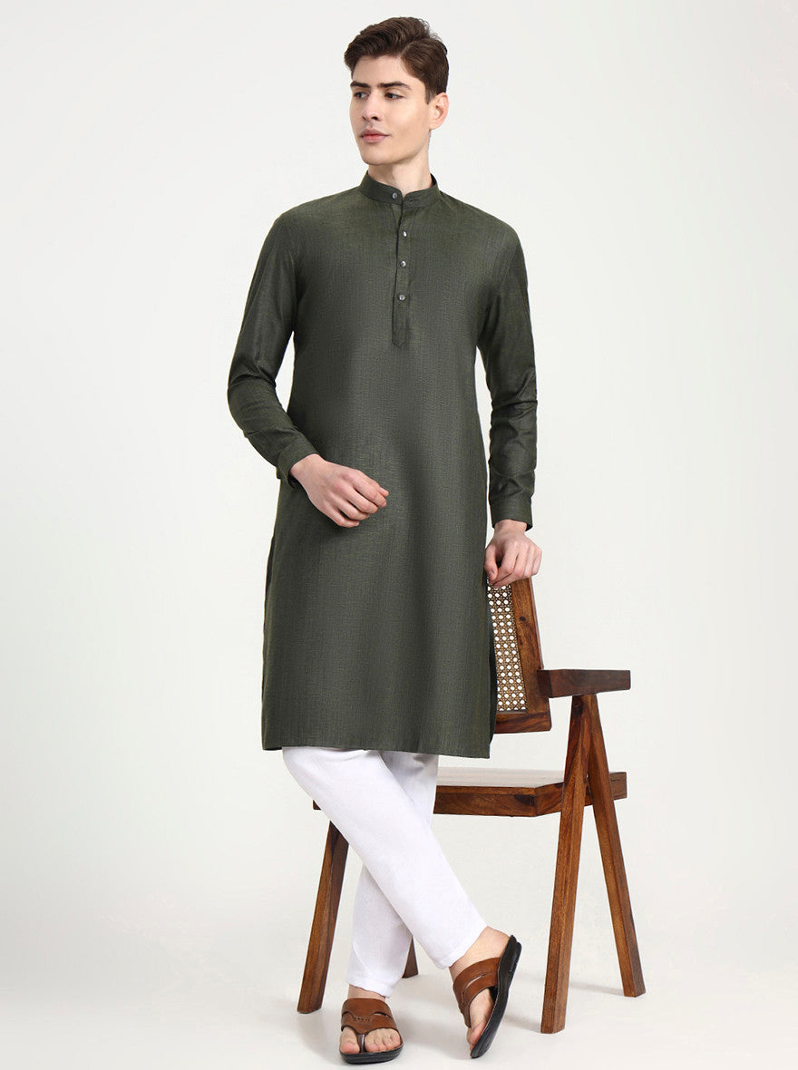 Olive Green Solid Modi Kurta | JadeBlue