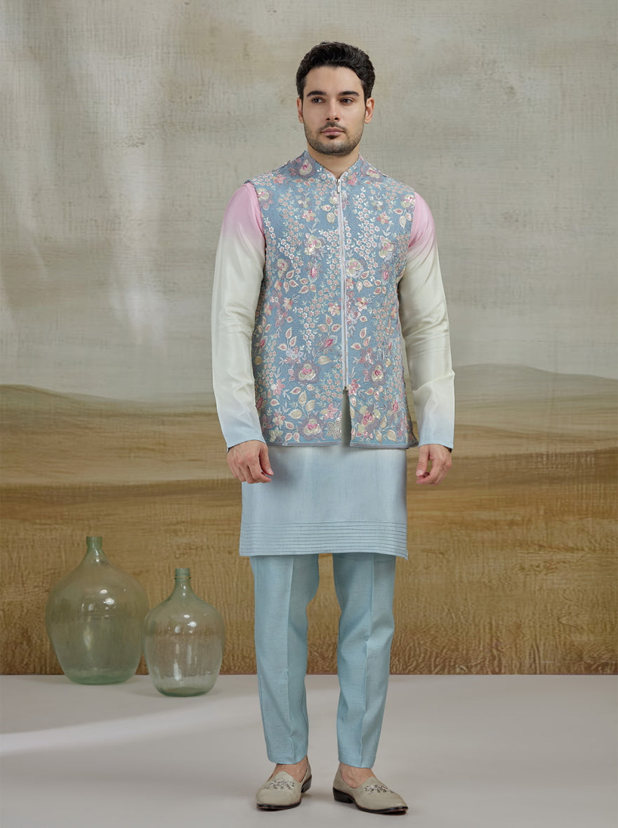 Sky Blue Embroidered Kurta Pajama with Koti | TULA