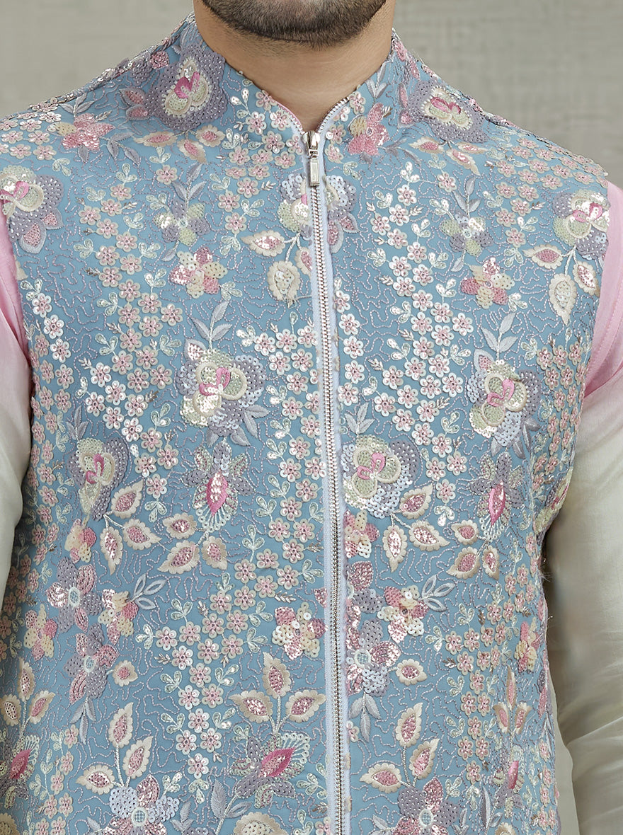 Sky Blue Embroidered Kurta Pajama with Koti | TULA