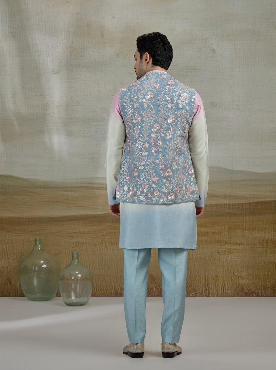 Sky Blue Embroidered Kurta Pajama with Koti | TULA