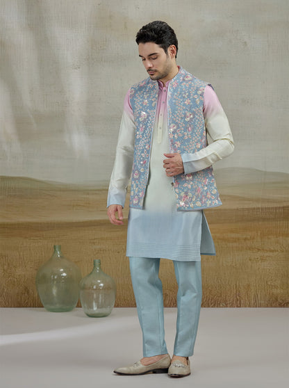 Sky Blue Embroidered Kurta Pajama with Koti | TULA