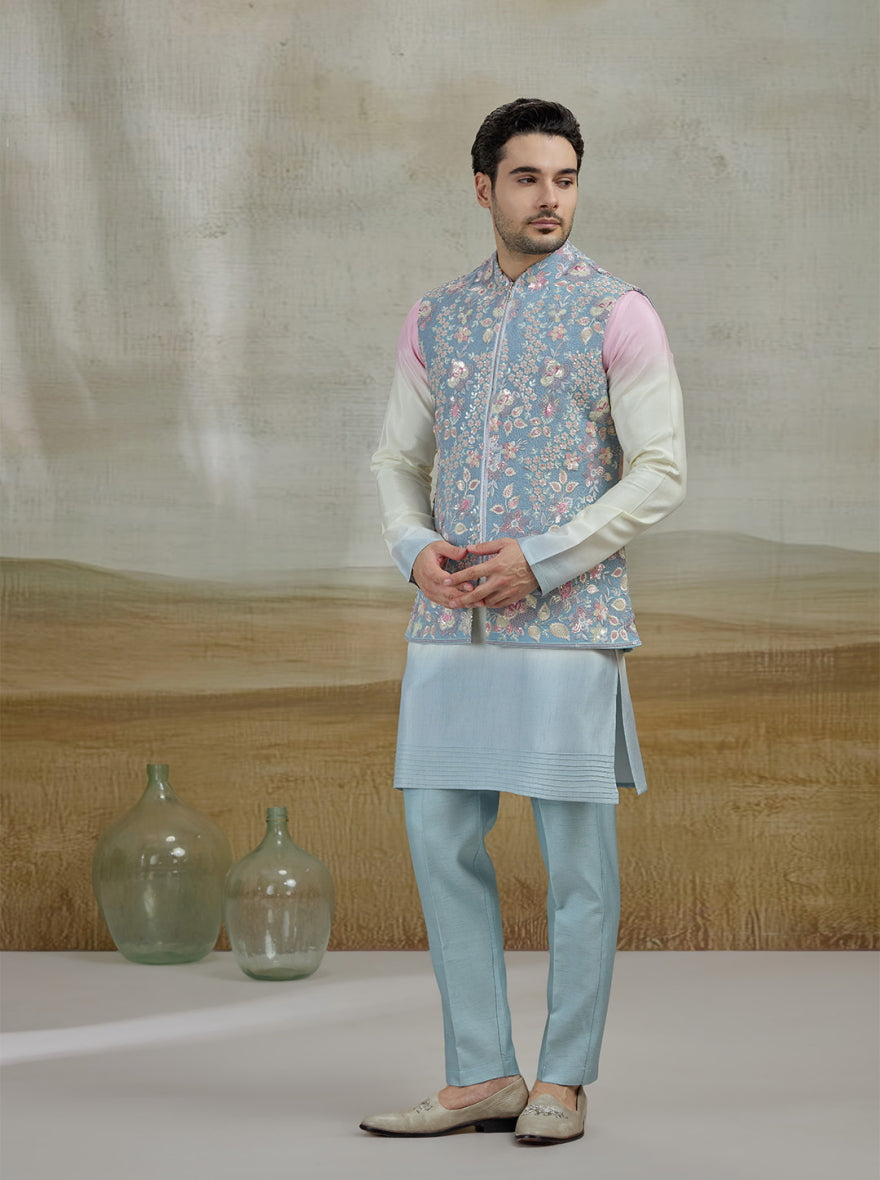 Sky Blue Embroidered Kurta Pajama with Koti | TULA