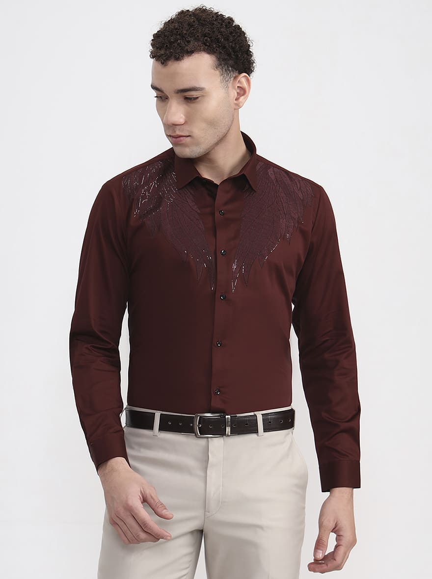 Brown Printed Slim Fit Party Wear Shirt | Wyre