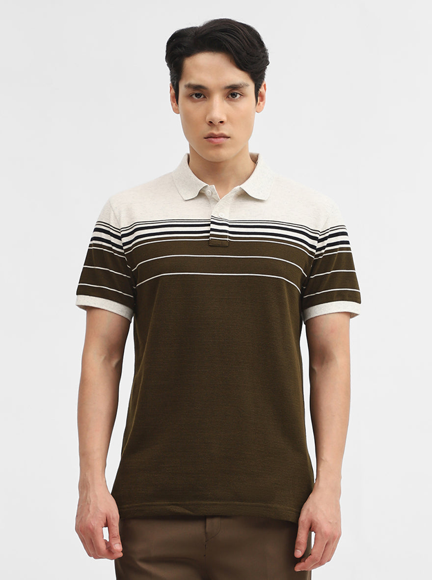Beige & Olive Striped Slim Fit Polo T-Shirt | JadeBlue