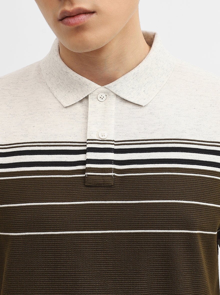 Beige & Olive Striped Slim Fit Polo T-Shirt | JadeBlue