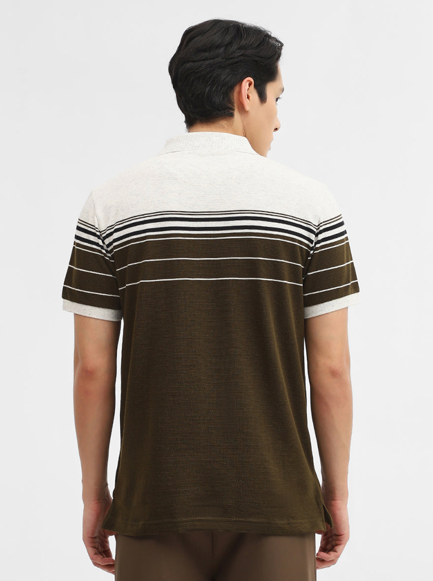 Beige & Olive Striped Slim Fit Polo T-Shirt | JadeBlue