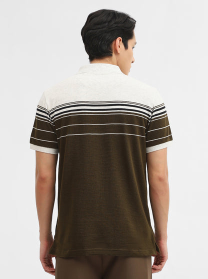 Beige & Olive Striped Slim Fit Polo T-Shirt | JadeBlue