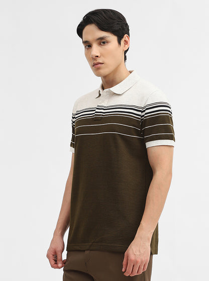 Beige & Olive Striped Slim Fit Polo T-Shirt | JadeBlue