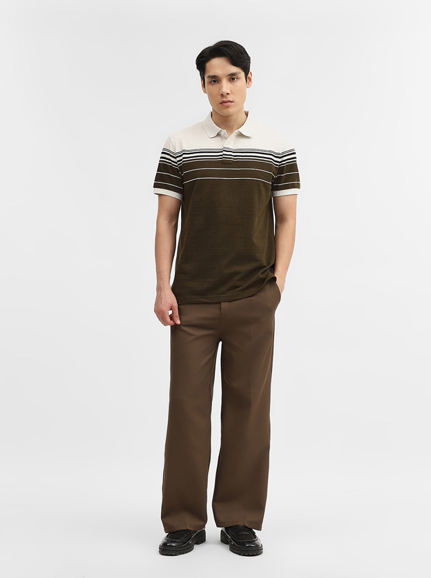 Beige & Olive Striped Slim Fit Polo T-Shirt | JadeBlue