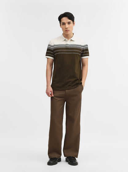 Beige & Olive Striped Slim Fit Polo T-Shirt | JadeBlue