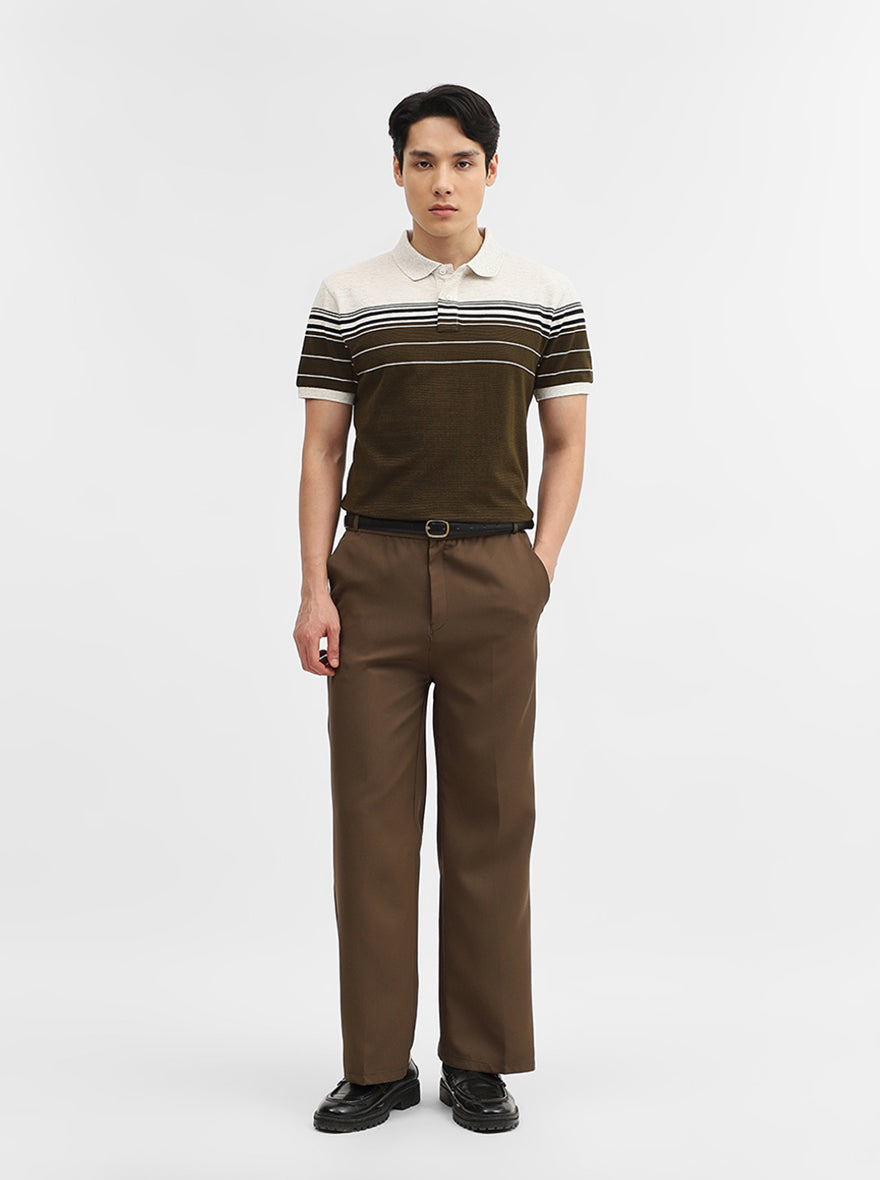 Beige & Olive Striped Slim Fit Polo T-Shirt | JadeBlue