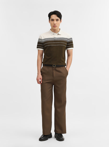 Beige & Olive Striped Slim Fit Polo T-Shirt | JadeBlue