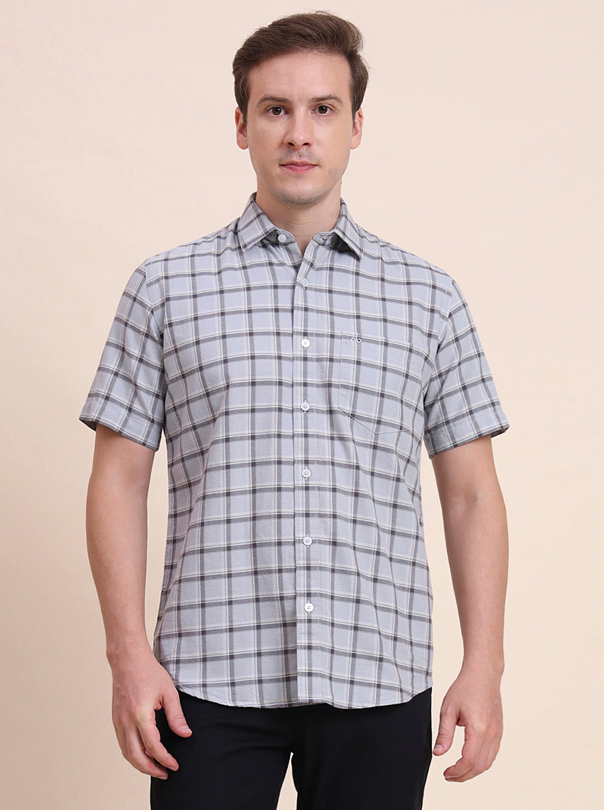 Light Blue Checked Tailored Fit Semi Casual Shirt | JadeBlue